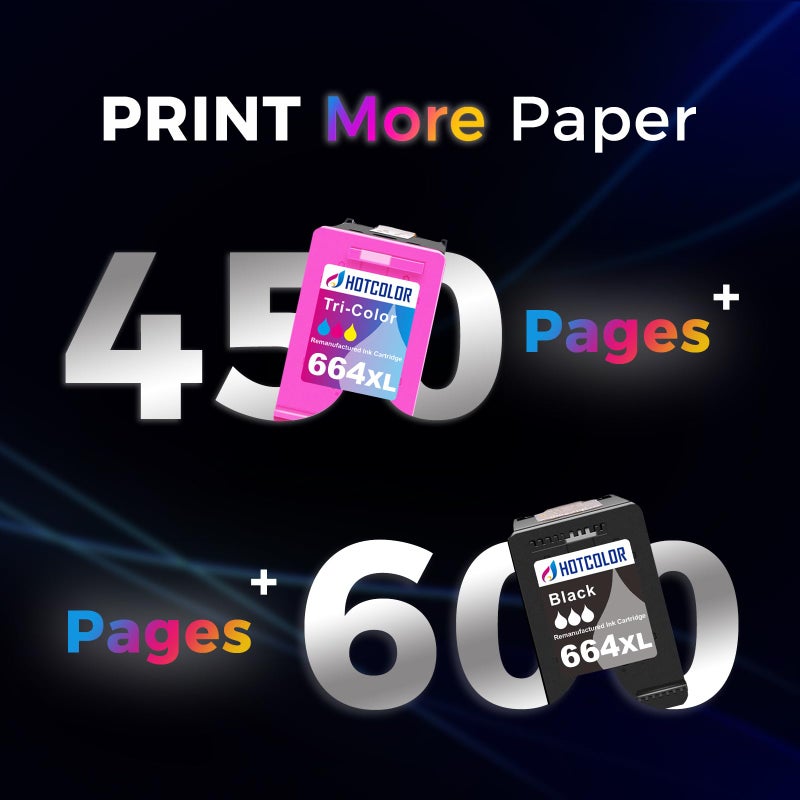 HOTCOLOR 664XL Ink Cartridge Replacement for HP 664XL Ink Cartridges Black and Color for DeskJet Ink Advantage 2135 1115 2675 3635 3775 Ink (1 Black/1 Color, 2Pack) - Image 3